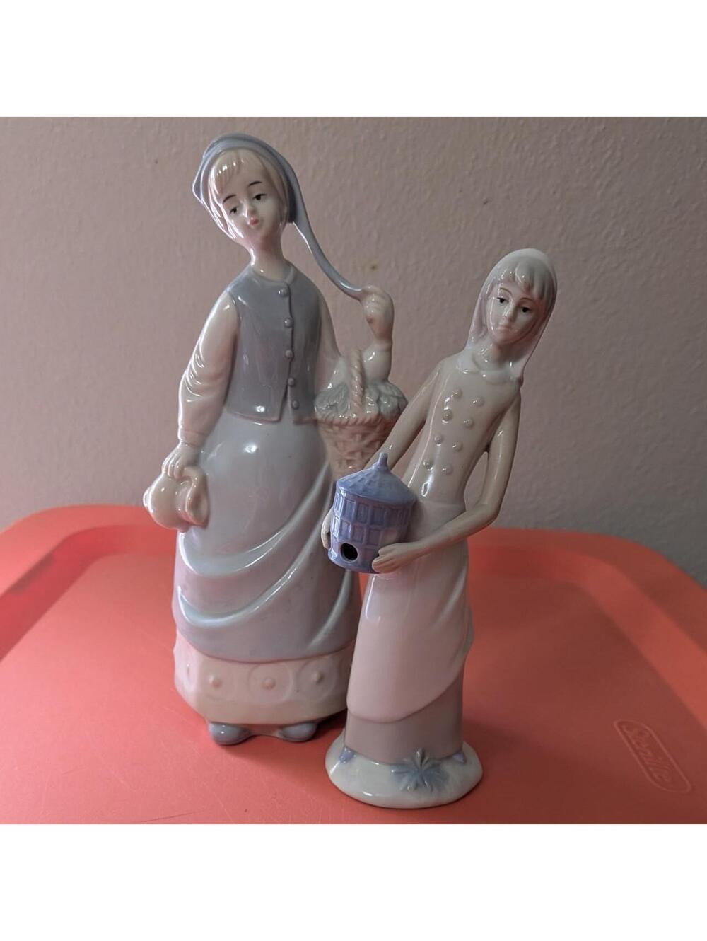 Vintage Lladro Style Porcelain Figurines Set Of 2 Girl W Birdcage Girl W Basket